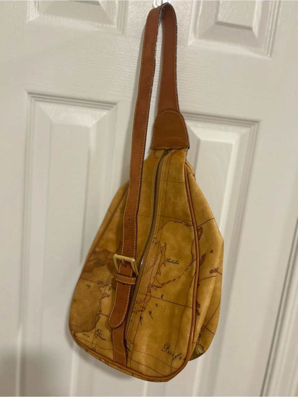 Alviero Martini 1A Classe Geo Map Sling Backpack Tan Coated Canvas Bag